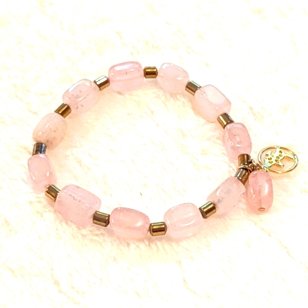 Rose Quartz Beaded Stretchy Bracelet with Goldtone Accent Beads